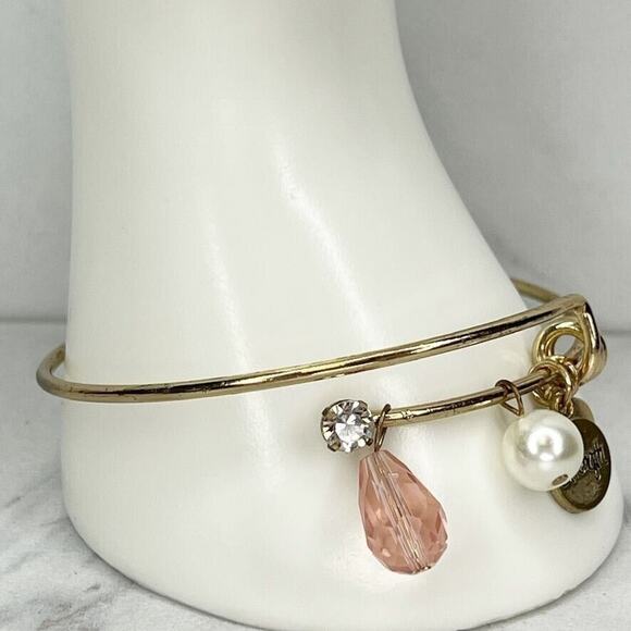Rhinestone Faux Pearl Heart Strength Charm Beaded Bangle Bracelet - Picture 12 of 12